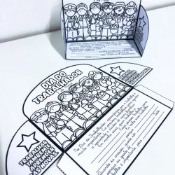 Atividade educativa para o Dia do Trabalhador com desenhos de trabalhadores.