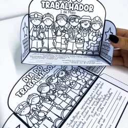 Atividade educativa sobre o Dia do Trabalhador com desenhos de trabalhadores.