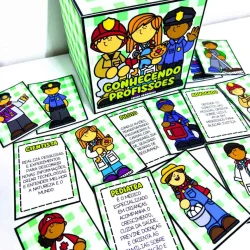 Caixa com personagens de profissões para crianças, educativo e colorido.