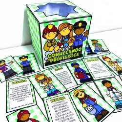 Caixa de brinquedo com figuras de profissões para crianças.