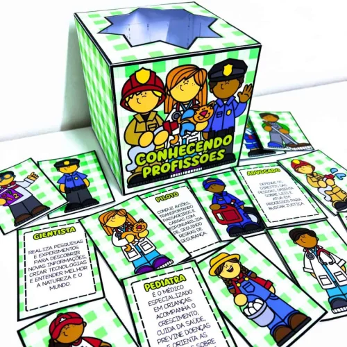 Caixa de brinquedo com figuras de profissões para crianças.
