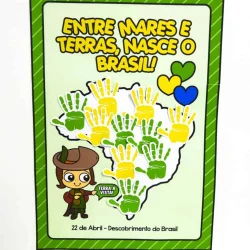 Cartaz com mãos coloridas formando o mapa do Brasil e personagem indígena.