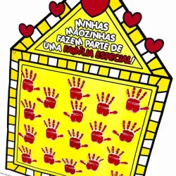 Cartaz com mãos de tinta vermelha formando uma colagem de mãos.