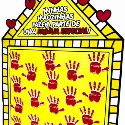 Cartaz com mãos de tinta vermelha formando uma casa e corações vermelhos.