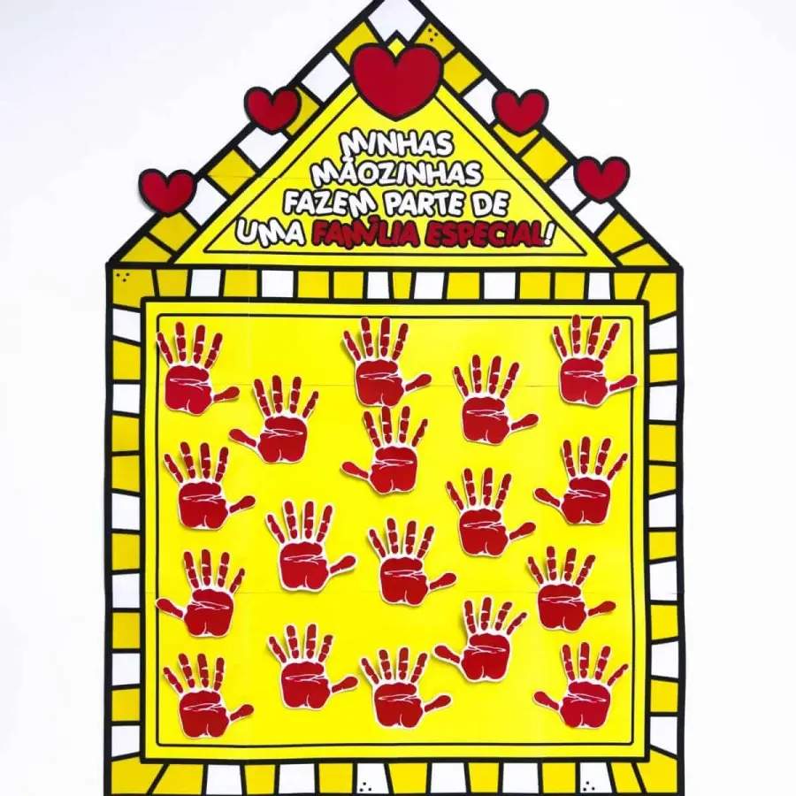 Cartaz com mãos pintadas e mensagem sobre família.