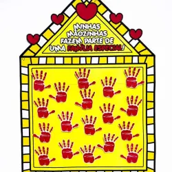 Cartaz com mãos pintadas de vermelho e mensagem de união familiar.