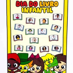 Cartaz colorido comemorando o Dia do Livro Infantil com personagens e livros ilustrados.