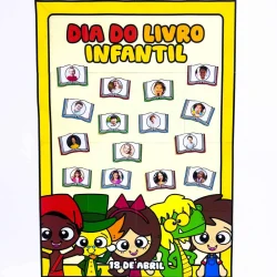 Cartaz colorido com crianças e livros para o Dia do Livro Infantil.