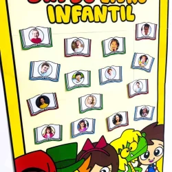 Cartaz comemorativo do Dia do Livro Infantil com fotos de crianças e livros coloridos.