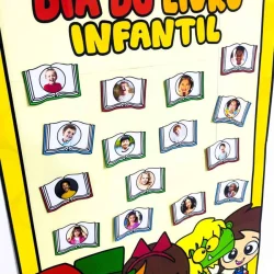 Cartaz com fotos de crianças e tema Dia do Livro Infantil.
