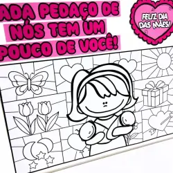 Cartaz de pintura colaborativa com tema Dia das Mães e elementos florais e de presente.