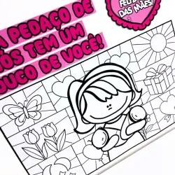 Cartaz de pintura colaborativa com tema do Dia das Mães e elementos de natureza e presentes.