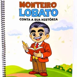 Ilustração de Monteiro Lobato com livro e lápis, para E-book Interativo.