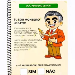 Ilustração de personagem infantil com livro e caneta, estilo cartoon.