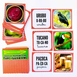 Jogo da memória com nomes e imagens de animais e palavras em tupi.