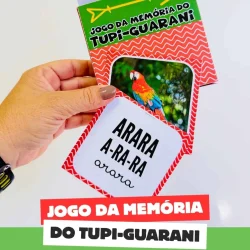 Jogo da memória com imagem de arara e palavras em português e tupi-guarani.