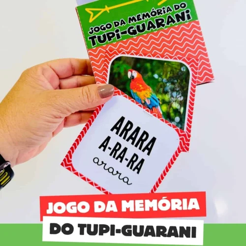 Jogo da memória com imagem de arara e palavras em português e tupi-guarani.