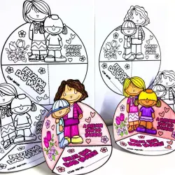 Lembrancinha interativa para colorir Dia das Mães com desenhos de mães e filhos.