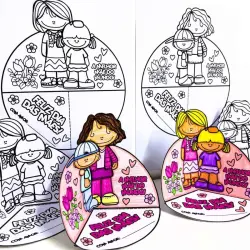 Lembrancinha interativa para colorir Dia das Mães com desenhos de mães e filhos.