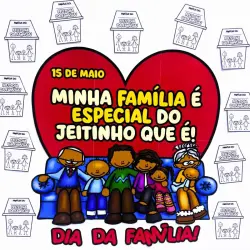 Família reunida em homenagem ao Dia da Família, com coração e crianças felizes.