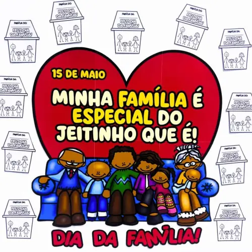 Família reunida em homenagem ao Dia da Família, com coração e crianças felizes.
