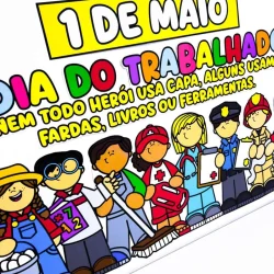 Crianças vestidas de profissões diferentes celebrando o Dia do Trabalhador.