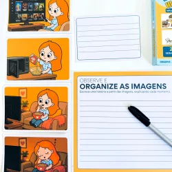 Atividades educativas para crianças sobre organização de imagens e histórias.
