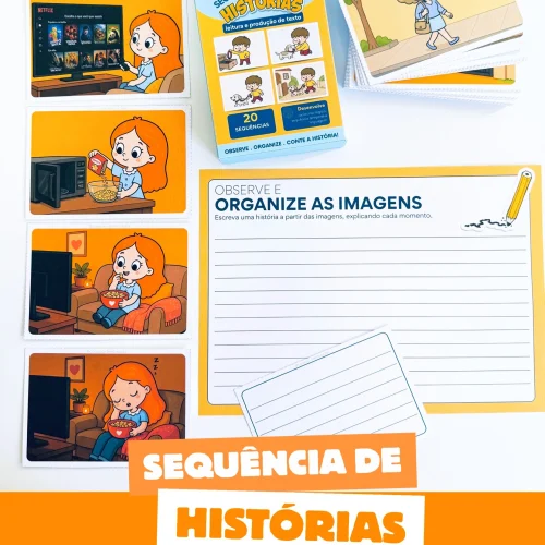 Atividades de leitura e escrita com sequência de histórias para crianças.