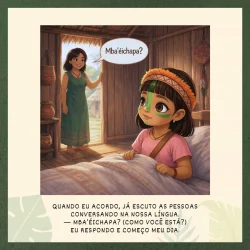 Menina indígena conversa com mulher na cabana.