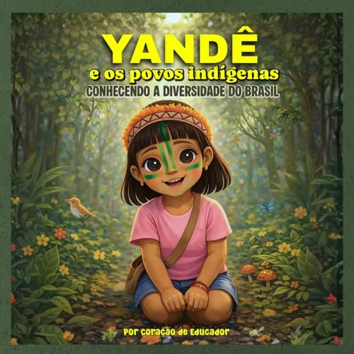 Ilustração de uma criança indígena no meio da floresta brasileira.