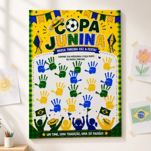 Cartaz de Copa Junina com mãos coloridas e bandeiras do Brasil.