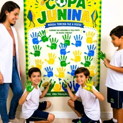 Cartaz de Copa Junina com mãos pintadas de cores vivas.