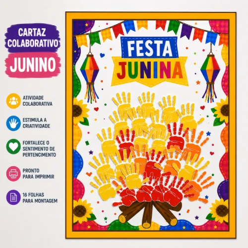 Cartaz de festa junina com mãos coloridas e decoração festiva.