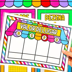 Material dourado colorido para atividades educativas infantis.