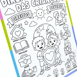 Cartaz com direitos e deveres das crianças em preto e branco para colorir.