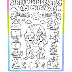 Cartaz com direitos e deveres das crianças ilustrados para colorir.