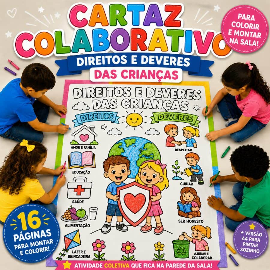 Cartaz Colaborativo para Colorir - Direitos e Deveres das Crianças - Cidadania e Valores