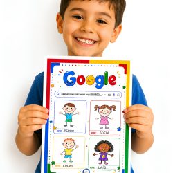 Criança sorridente segurando atividade do Google com amigos.