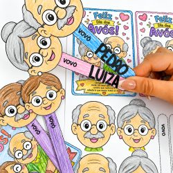 Desenho de avós e netos com cartões e palitoche para o Dia dos Avós.