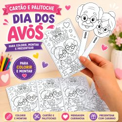 Atividades de colorir para o Dia dos Avós com cartão e palitoche.