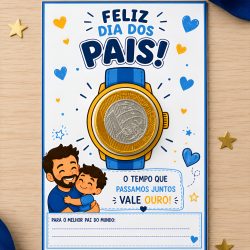 Cartão de Dia dos Pais com desenho de pai e filho e relógio de moeda.