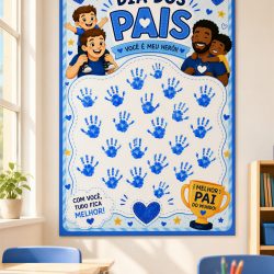 Cartaz do Dia dos Pais com mãos pintadas em azul e desenhos de crianças.