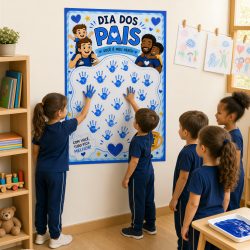 Crianças colando mãos no cartaz do Dia dos Pais na escola.