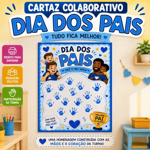 Cartaz colaborativo para o Dia dos Pais com mãos e coração, promovendo participação e homenagem.