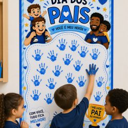 Cartaz comemorativo do Dia dos Pais com mãos pintadas e crianças.