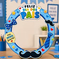 Espelho decorativo com tema Dia dos Pais, com elementos azul e amarelo.