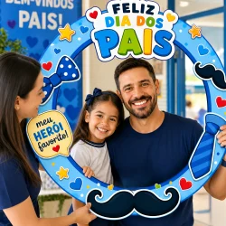 Homem e menina com moldura de celebração do Dia dos Pais.