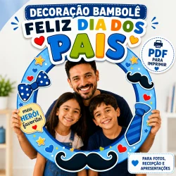 Família comemorando Dia dos Pais com decoração de bambolê colorido.