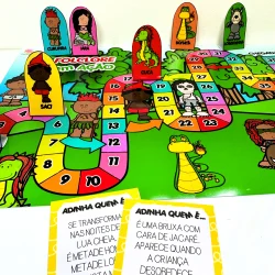 Jogo de tabuleiro com personagens folclóricos brasileiros para educação infantil.