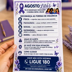 Material informativo sobre violência contra a mulher e formas de apoio.